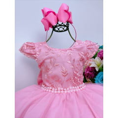 Vestido Infantil Rosa C/ Renda e Borboletas e Pérolas Luxo