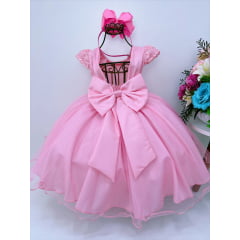 Vestido Infantil Rosa C/ Renda e Borboletas e Pérolas Luxo