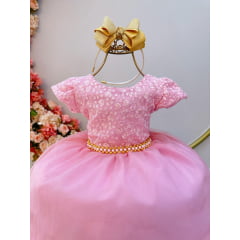 Vestido Infantil Rosa C/ Renda e Cinto de Pérolas Festas Luxo