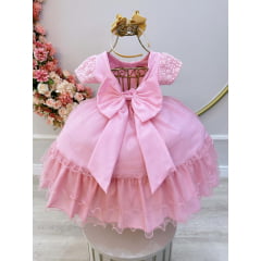 Vestido Infantil Rosa C/ Renda e Cinto de Pérolas Festas Luxo