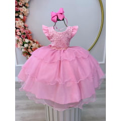 Vestido Infantil Rosa C/ Renda e Glitter Cinto Strass Festas