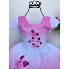Vestido Infantil Rosa Jardim das Borboletas Cinto Pérolas