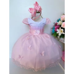 Vestido Infantil Rosa Luxo Borboletas Princesas