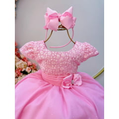 Vestido Infantil Rosa Luxo C/ Renda e Aplique Laço