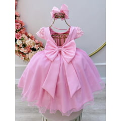 Vestido Infantil Rosa Luxo C/ Renda e Aplique Laço