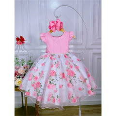 Vestido Infantil Rosa Peito e Cinto Strass Jardim das Rosas