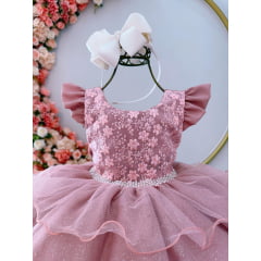 Vestido Infantil Rose C/ Renda e Glitter Strass Festas