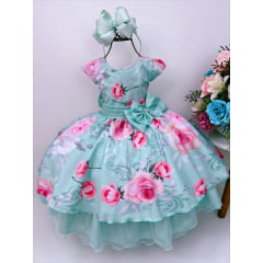 Vestido Infantil Verde Florido e Laço C/ Strass Luxo