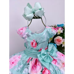 Vestido Infantil Verde Florido e Laço C/ Strass Luxo