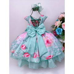 Vestido Infantil Verde Florido e Laço C/ Strass Luxo