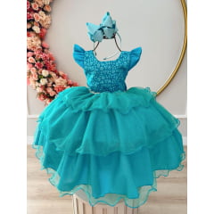 Vestido Infantil Verde Tiffany C/ Renda Glitter Strass Festas