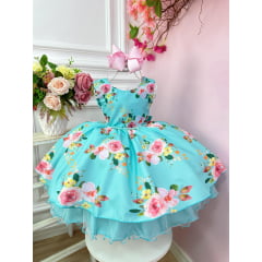 Vestido Infantil Verde Tiffany Florido C/ Cinto de Pérolas