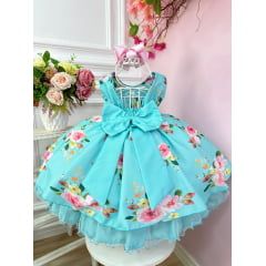 Vestido Infantil Verde Florido C/ Cinto de Pérolas