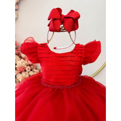 Vestido Infantil Vermelho Busto Plissado C/ Pérolas Festas
