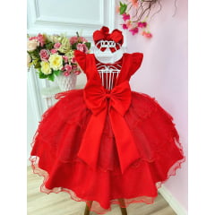 Vestido Infantil Vermelho C/ Renda e Glitter Strass Festas