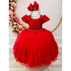 Vestido Infantil Vermelho C/ Renda Luxo e Cinto de Pérolas