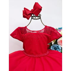 Vestido Infantil Vermelho C/ Renda Strass Pérolas Luxo