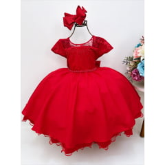 Vestido Infantil Vermelho C/ Renda Strass Pérolas Luxo