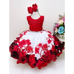 Vestido Infantil Vermelho Florido C/ Cinto Pérolas Luxo