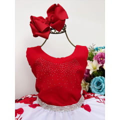 Vestido Infantil Vermelho Florido C/ Cinto Pérolas Luxo