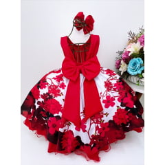 Vestido Infantil Vermelho Florido C/ Cinto Pérolas Luxo