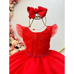 Vestido Infantil Vermelho Luxo C/ Renda e Cinto de Pérolas