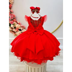 Vestido Infantil Vermelho Luxo C/ Renda e Cinto de Pérolas