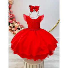 Vestido Infantil Vermelho Luxo C/ Renda e Cinto de Pérolas