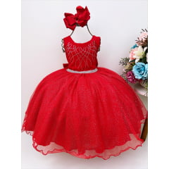 Vestido Infantil Vermelho Peito Cinto C/ Strass Glitter