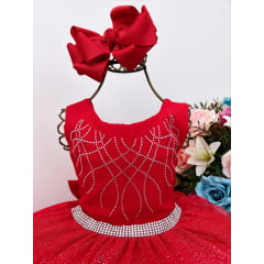 Vestido Infantil Vermelho Peito Cinto C/ Strass Glitter