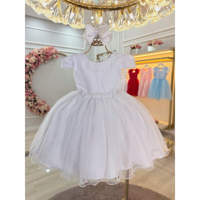 Vestido Infantil Branco Cinto de Pérolas Batizado Festas
