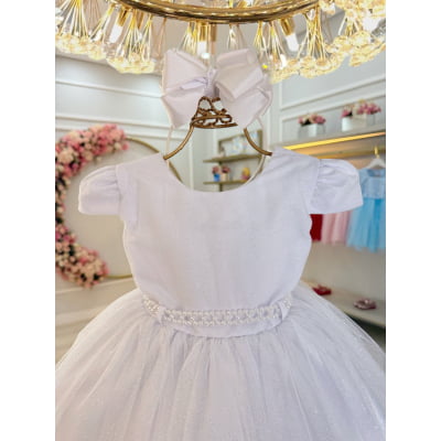 Vestido Infantil Branco Cinto de Pérolas Batizado Festas
