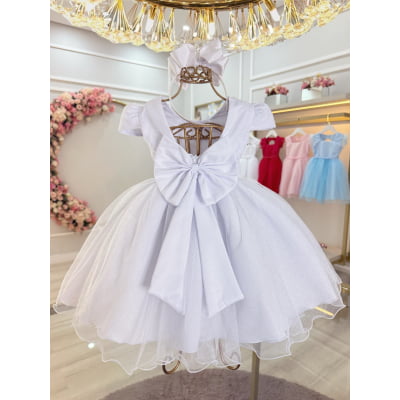 Vestido Infantil Branco Cinto de Pérolas Batizado Festas