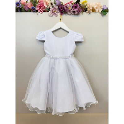 Vestido Infantil Branco Cinto de Pérolas Batizado Festas
