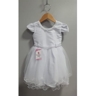 Vestido Infantil Branco Luxo C/ Pérolas Daminhas Festas