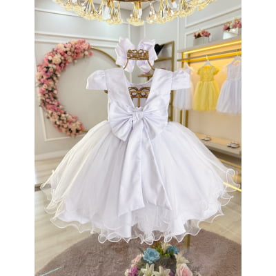 Vestido Infantil Branco Luxo C/ Pérolas Daminhas Festas