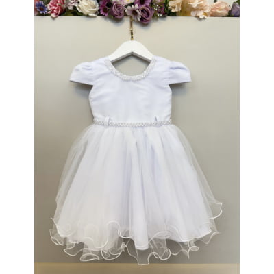 Vestido Infantil Branco Luxo C/ Pérolas Daminhas Festas