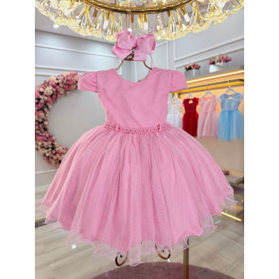 Vestido Infantil Rosa Cinto de Pérolas Batizado Festas
