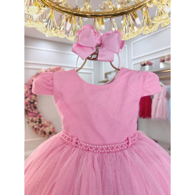 Vestido Infantil Rosa Cinto de Pérolas Batizado Festas