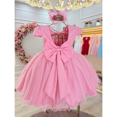 Vestido Infantil Rosa Cinto de Pérolas Batizado Festas