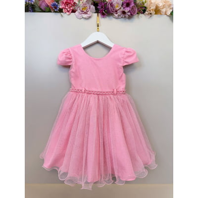 Vestido Infantil Rosa Cinto de Pérolas Batizado Festas