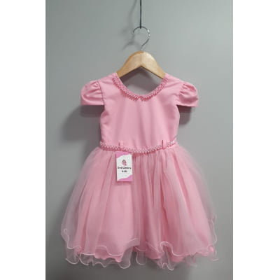 Vestido Infantil Rosa Luxo C/ Pérolas Daminha Festas