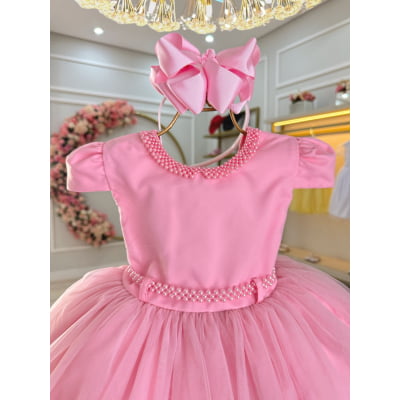 Vestido Infantil Rosa Luxo C/ Pérolas Daminha Festas