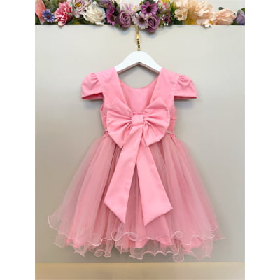 Vestido Infantil Rosa Luxo C/ Pérolas Daminha Festas