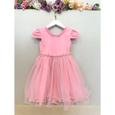 Vestido Infantil Rosa Luxo C/ Pérolas Daminha Festas