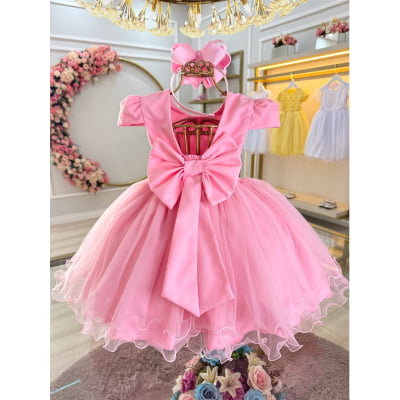 Vestido Infantil Rosa Luxo C/ Pérolas Daminha Festas