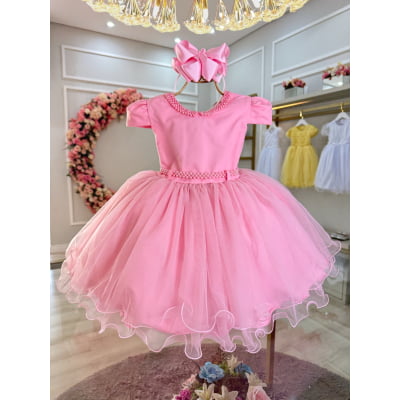 Vestido Infantil Rosa Luxo C/ Pérolas Daminha Festas