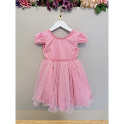 Vestido Infantil Rosa Luxo Pérolas Glitter Daminhas Festas