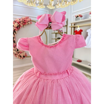 Vestido Infantil Rosa Luxo Pérolas Glitter Daminhas Festas