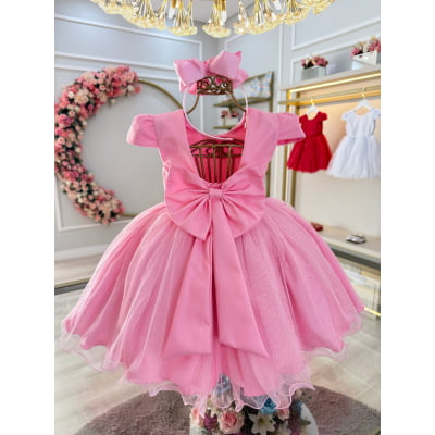 Vestido Infantil Rosa Luxo Pérolas Glitter Daminhas Festas